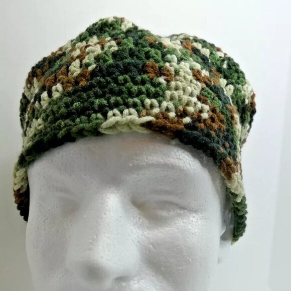 Camo Beanie 9" Baggy Cap OS Forest Camouflage Hat Handmade Crochet Hand Knit USA - Picture 4 of 9